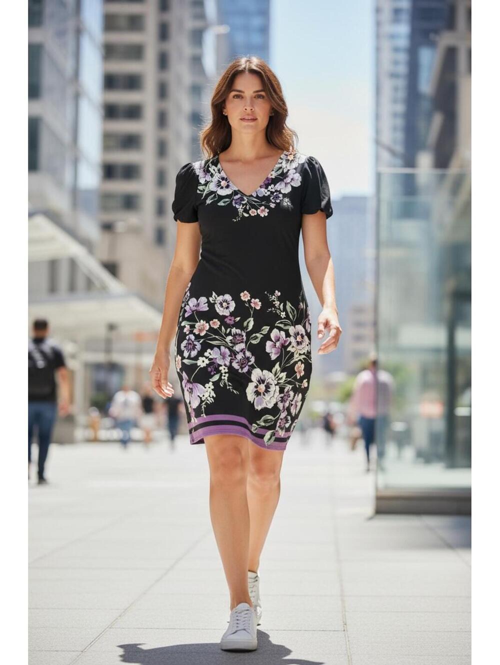 White House Black Market Black Floral Puff Sleeve Dress SP